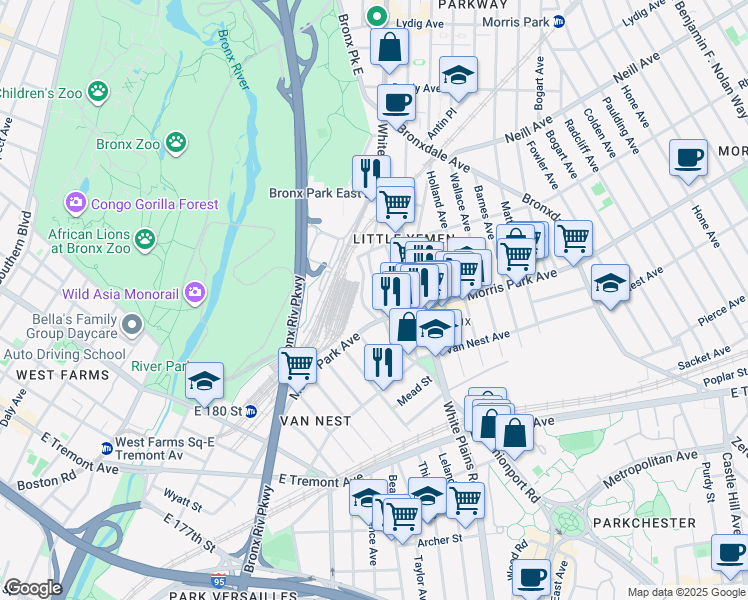 map of restaurants, bars, coffee shops, grocery stores, and more near in The Bronx
