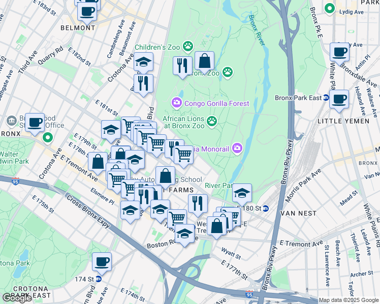 map of restaurants, bars, coffee shops, grocery stores, and more near 2137 Vyse Avenue in Bronx