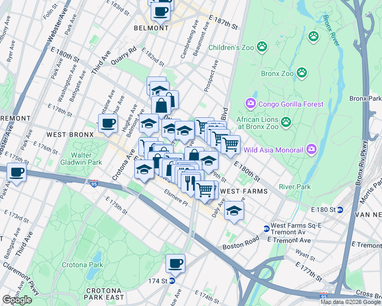 map of restaurants, bars, coffee shops, grocery stores, and more near 2035 Marmion Avenue in The Bronx