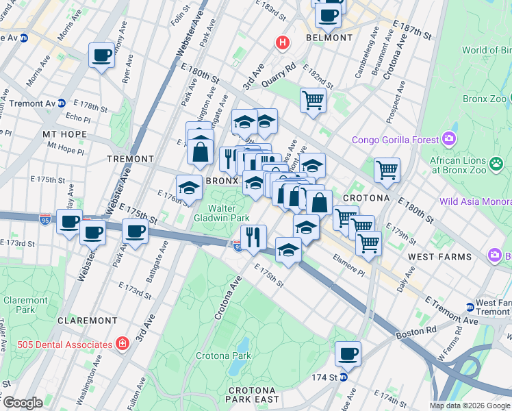map of restaurants, bars, coffee shops, grocery stores, and more near 1893 Belmont Avenue in Bronx