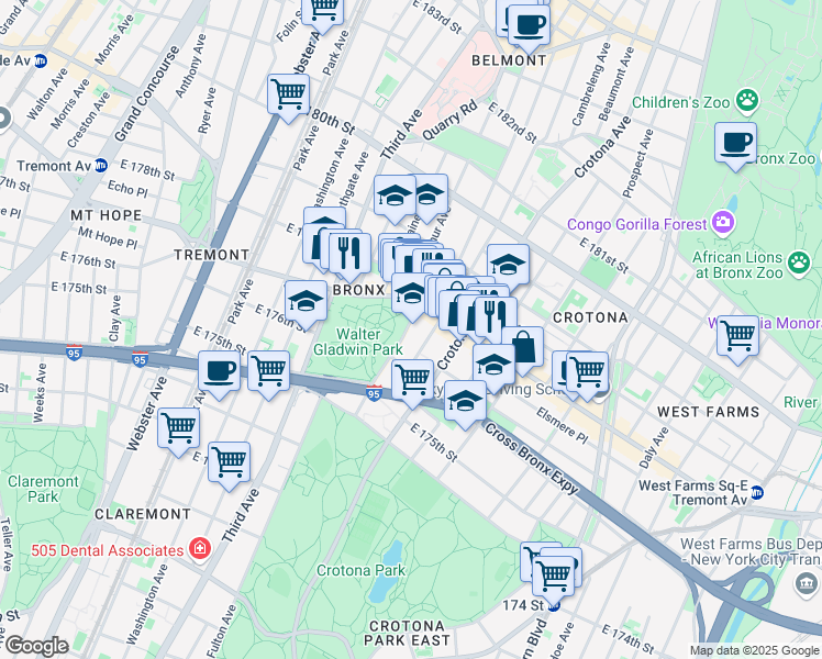 map of restaurants, bars, coffee shops, grocery stores, and more near 1893 Belmont Avenue in Bronx