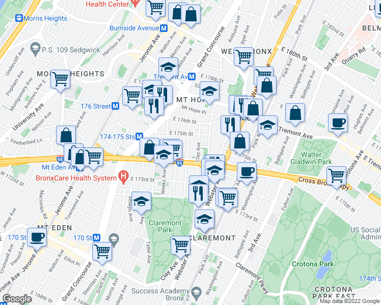 map of restaurants, bars, coffee shops, grocery stores, and more near 1744 Clay Avenue in Bronx