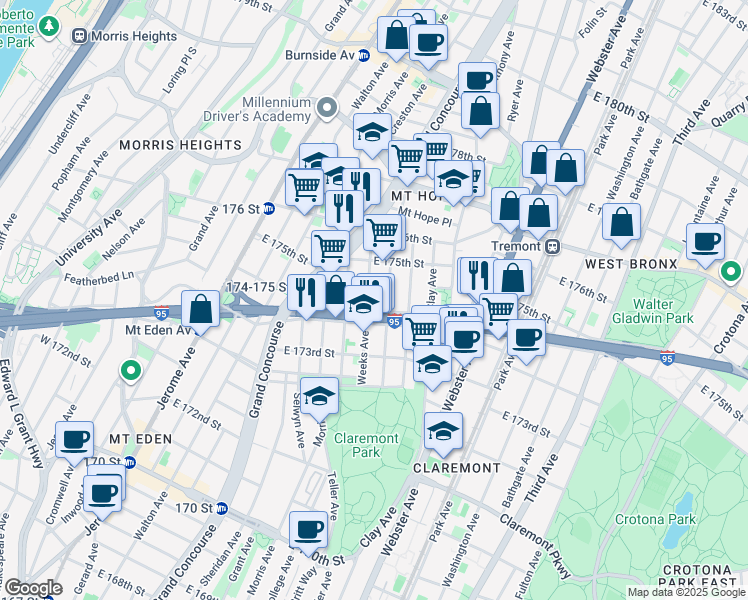 map of restaurants, bars, coffee shops, grocery stores, and more near 1745 Monroe Avenue in Bronx