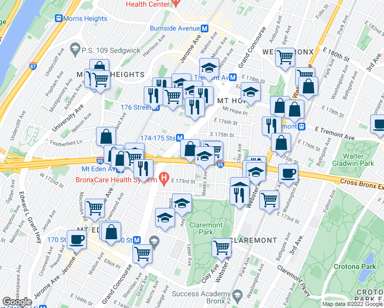 map of restaurants, bars, coffee shops, grocery stores, and more near 551 East 174th Street in The Bronx
