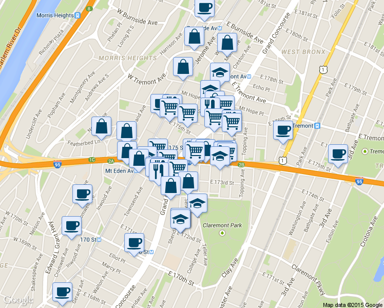 map of restaurants, bars, coffee shops, grocery stores, and more near 150 East 174th Street in The Bronx