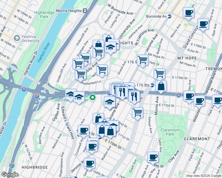 map of restaurants, bars, coffee shops, grocery stores, and more near 30 West Mount Eden Avenue in The Bronx