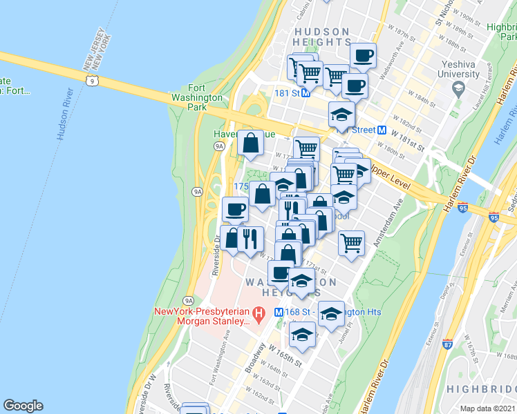 map of restaurants, bars, coffee shops, grocery stores, and more near 285 Fort Washington Avenue in New York