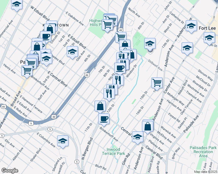 map of restaurants, bars, coffee shops, grocery stores, and more near 325 East Palisades Boulevard in Palisades Park