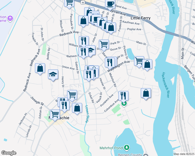 map of restaurants, bars, coffee shops, grocery stores, and more near 213 Washington Avenue in Little Ferry