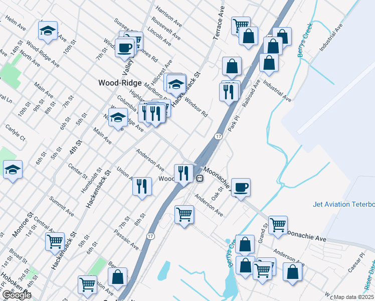 map of restaurants, bars, coffee shops, grocery stores, and more near 180 Woodridge Street in Wood-Ridge