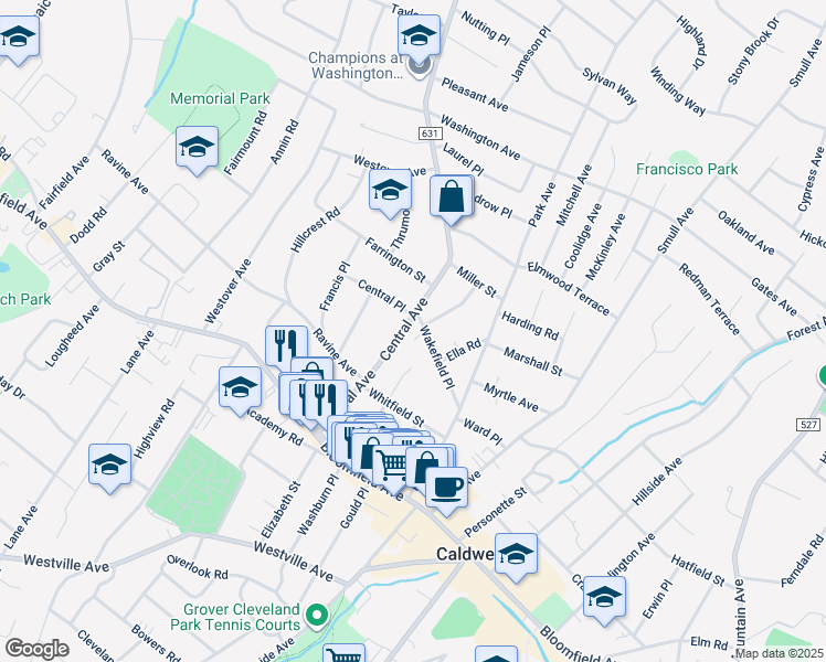 map of restaurants, bars, coffee shops, grocery stores, and more near 32 Wakefield Place in Caldwell