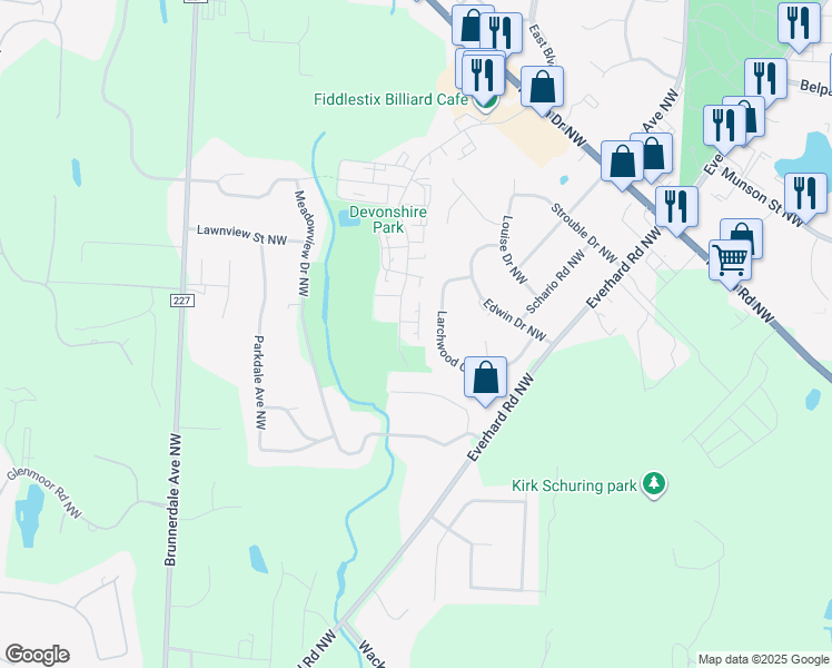 map of restaurants, bars, coffee shops, grocery stores, and more near 4440 South Boulevard Northwest in Canton