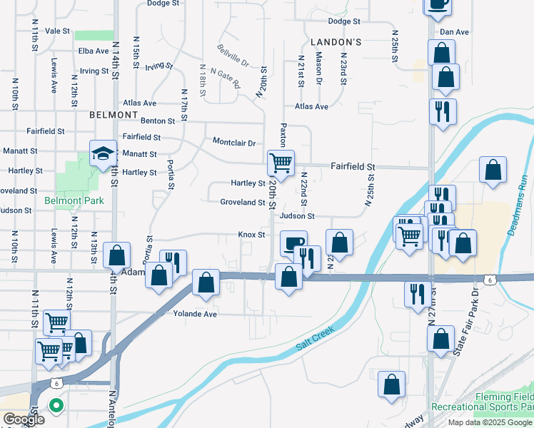map of restaurants, bars, coffee shops, grocery stores, and more near 3300 North 20th Street in Lincoln