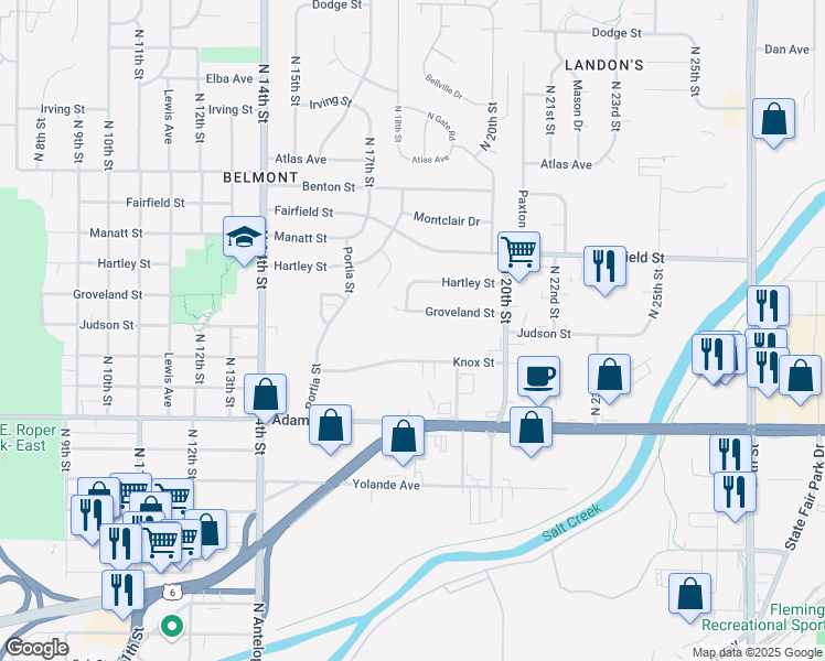 map of restaurants, bars, coffee shops, grocery stores, and more near 1660 Knox Street in Lincoln