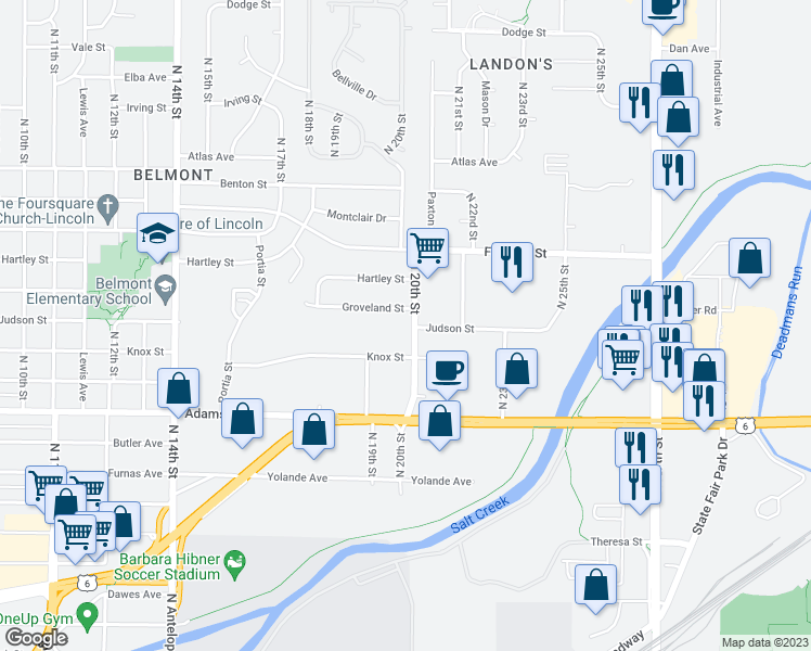 map of restaurants, bars, coffee shops, grocery stores, and more near 3401 North 20th Street in Lincoln
