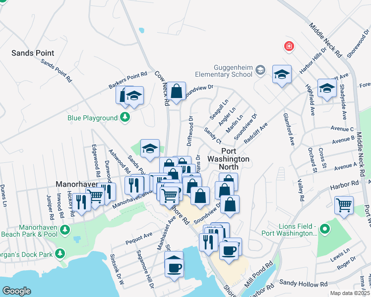 map of restaurants, bars, coffee shops, grocery stores, and more near 15 Driftwood Drive in Port Washington