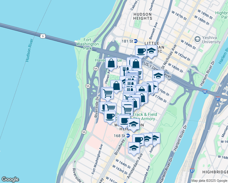 map of restaurants, bars, coffee shops, grocery stores, and more near 710 West 173rd Street in New York