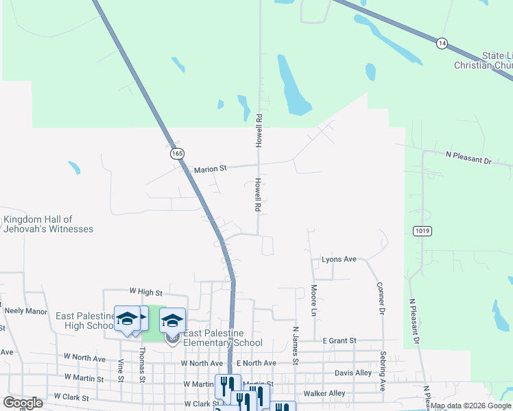 map of restaurants, bars, coffee shops, grocery stores, and more near 952 Howell Road in East Palestine