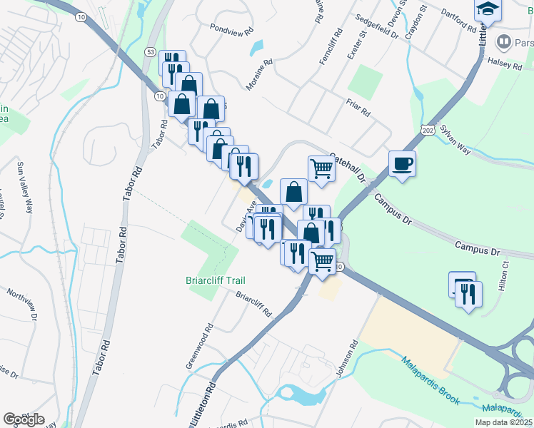 map of restaurants, bars, coffee shops, grocery stores, and more near 1711 New Jersey 10 in Morris Plains