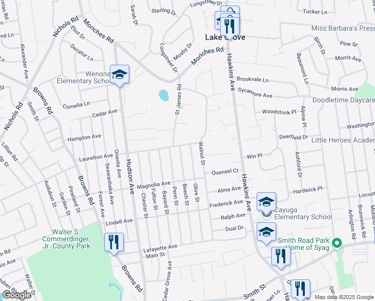 map of restaurants, bars, coffee shops, grocery stores, and more near 92 Olive Street in Lake Grove