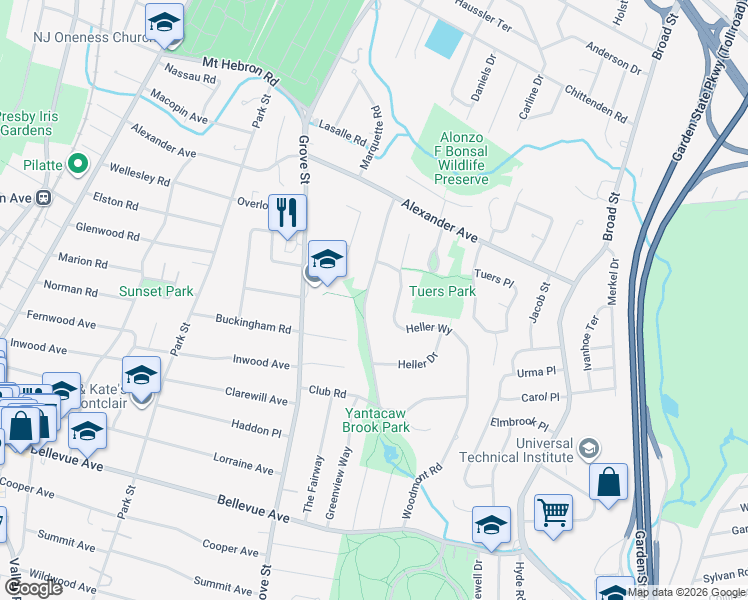 map of restaurants, bars, coffee shops, grocery stores, and more near 86 Yantacaw Brook Road in Montclair