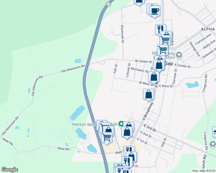 map of restaurants, bars, coffee shops, grocery stores, and more near 401 6th Street in Wind Gap