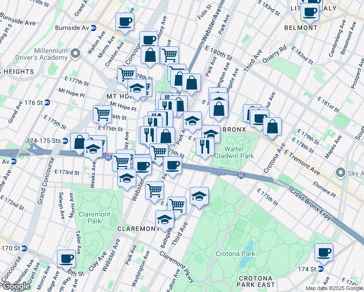 map of restaurants, bars, coffee shops, grocery stores, and more near 440 East 175th Street in Bronx