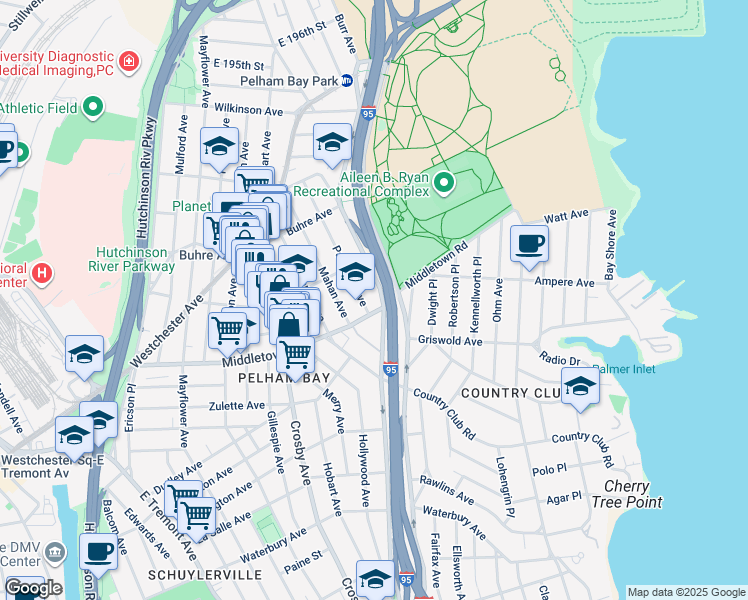 map of restaurants, bars, coffee shops, grocery stores, and more near 3105 Middletown Road in Bronx
