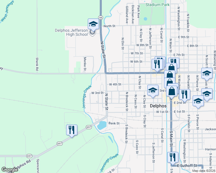 map of restaurants, bars, coffee shops, grocery stores, and more near West 3rd Street in Delphos