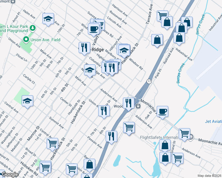 map of restaurants, bars, coffee shops, grocery stores, and more near 534 Anderson Avenue in Wood-Ridge