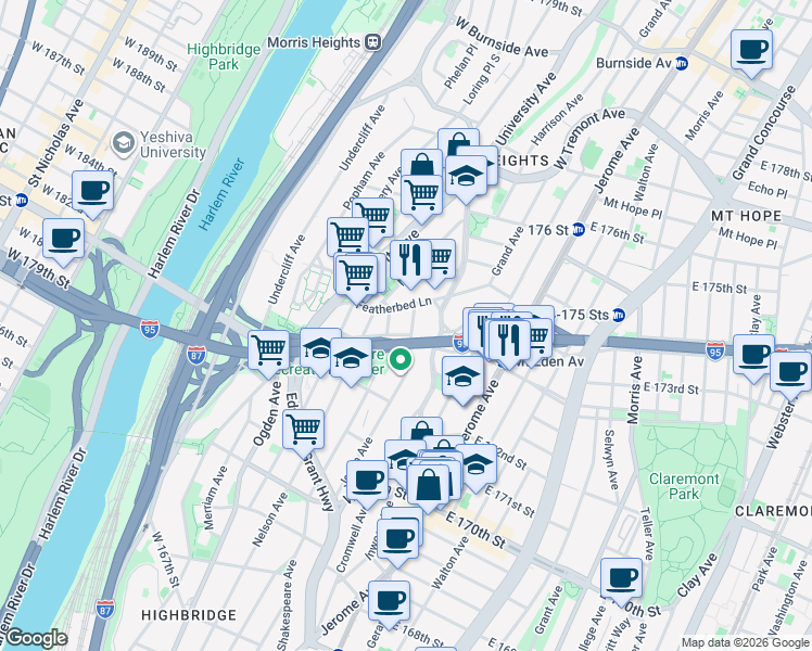 map of restaurants, bars, coffee shops, grocery stores, and more near 1548 Jesup Avenue in Bronx