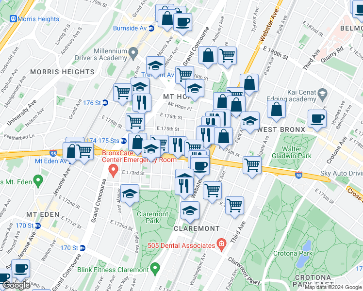 map of restaurants, bars, coffee shops, grocery stores, and more near 1755 Clay Avenue in Bronx