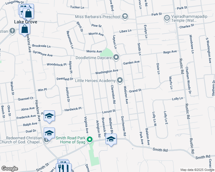 map of restaurants, bars, coffee shops, grocery stores, and more near 74 Clarendon Road in Lake Ronkonkoma