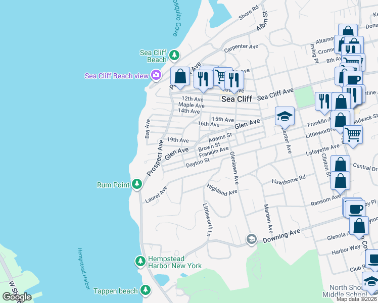 map of restaurants, bars, coffee shops, grocery stores, and more near 35 Cedar Place in Sea Cliff