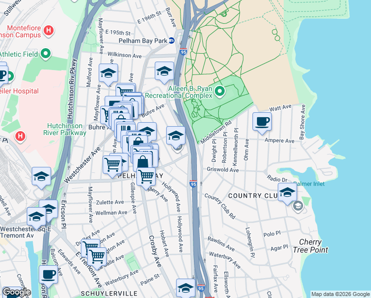 map of restaurants, bars, coffee shops, grocery stores, and more near 3105 Middletown Road in Bronx
