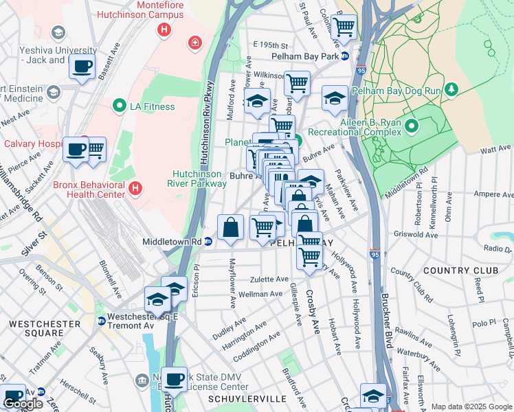 map of restaurants, bars, coffee shops, grocery stores, and more near 1645 Edison Avenue in Bronx