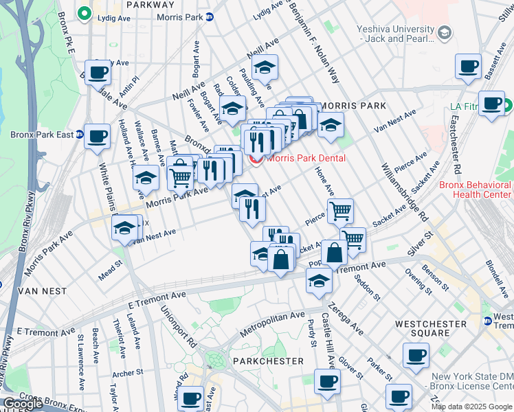 map of restaurants, bars, coffee shops, grocery stores, and more near 1644 Fowler Avenue in Bronx