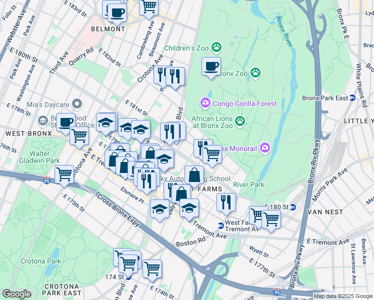 map of restaurants, bars, coffee shops, grocery stores, and more near 2102 Honeywell Avenue in The Bronx