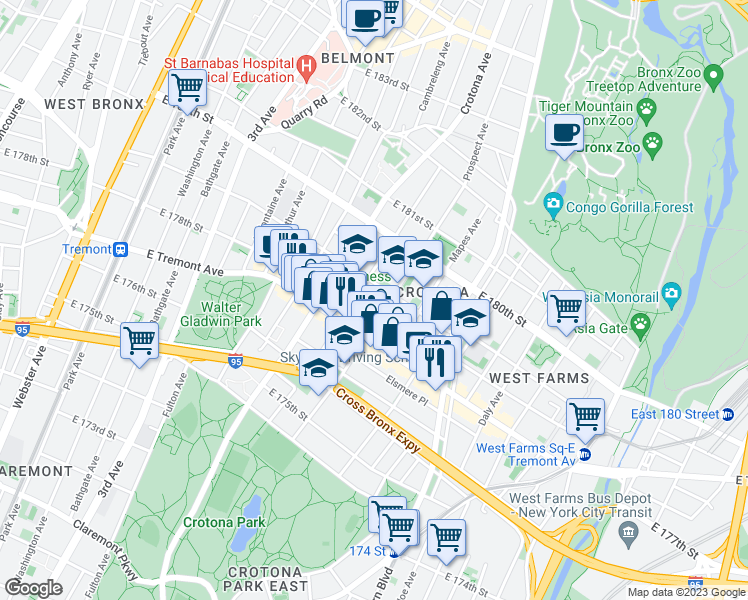 map of restaurants, bars, coffee shops, grocery stores, and more near in The Bronx