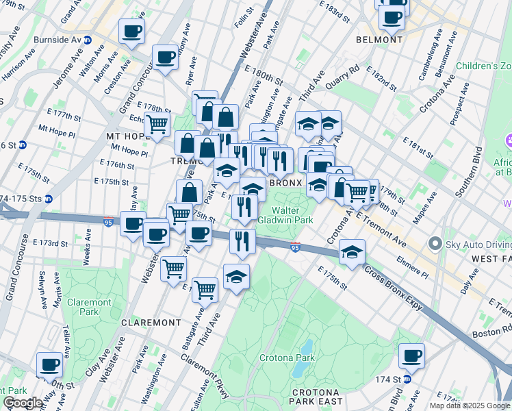 map of restaurants, bars, coffee shops, grocery stores, and more near in The Bronx