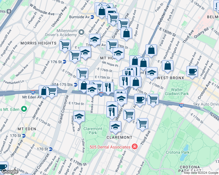 map of restaurants, bars, coffee shops, grocery stores, and more near 1744 Clay Avenue in Bronx