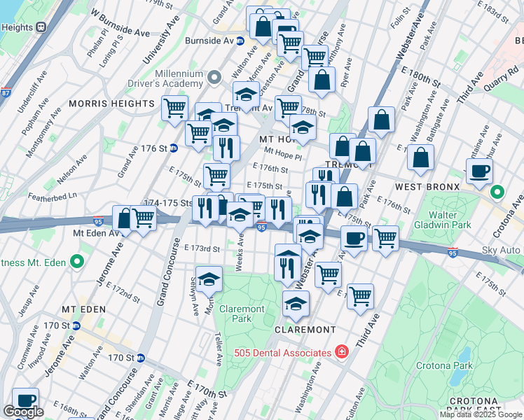 map of restaurants, bars, coffee shops, grocery stores, and more near 1745 Monroe Avenue in Bronx