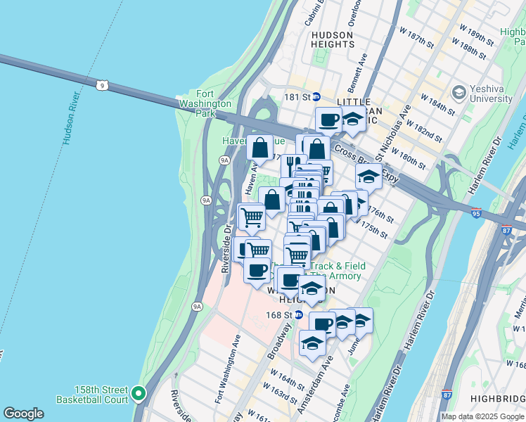 map of restaurants, bars, coffee shops, grocery stores, and more near 285 Fort Washington Avenue in New York