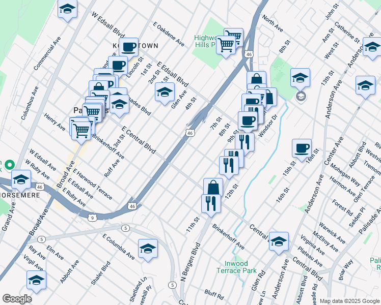 map of restaurants, bars, coffee shops, grocery stores, and more near 319A 7th Street in Palisades Park