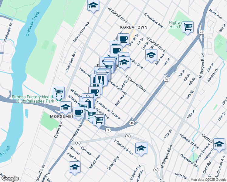 map of restaurants, bars, coffee shops, grocery stores, and more near 210 2nd Street in Palisades Park