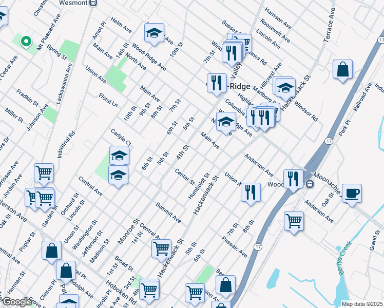 map of restaurants, bars, coffee shops, grocery stores, and more near in Wood-Ridge