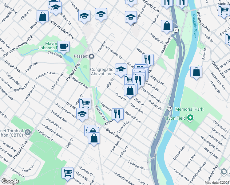 map of restaurants, bars, coffee shops, grocery stores, and more near 29 Bond Street in Passaic