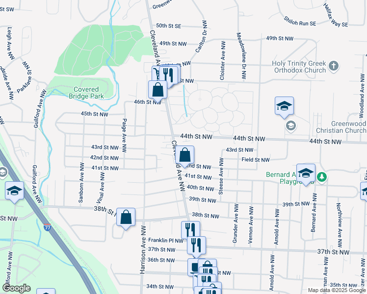 map of restaurants, bars, coffee shops, grocery stores, and more near 1825 Glen Hollow Street Northwest in Canton
