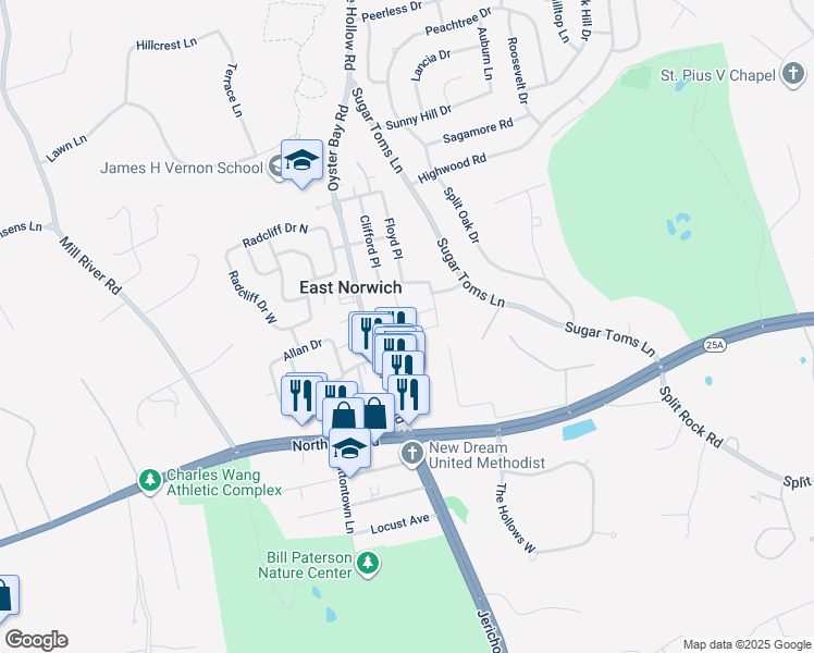 map of restaurants, bars, coffee shops, grocery stores, and more near in East Norwich