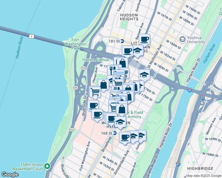 map of restaurants, bars, coffee shops, grocery stores, and more near 306 Fort Washington Avenue in New York